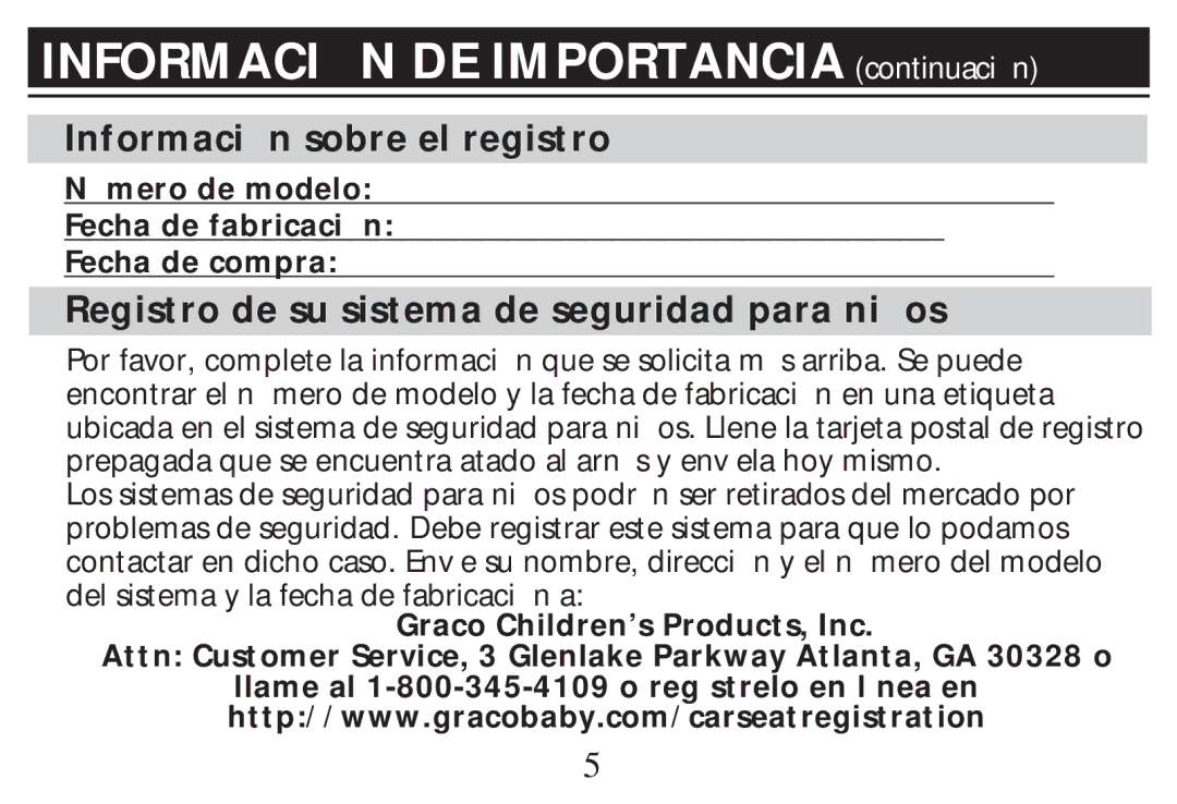 Graco PD268712B owner manual Informaci n sobre el registro, Registro de su sistema de seguridad para ni os 