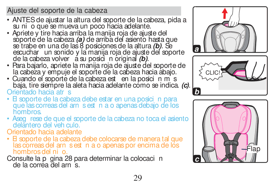 Graco PD268712B owner manual Ajuste del soporte de la cabeza, Orientado hacia atr s 