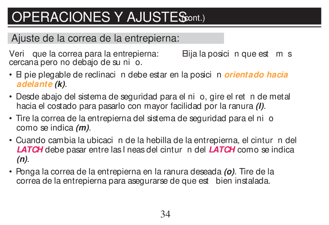 Graco PD268712B owner manual Operaciones Y Ajustes, Ajuste de la correa de la entrepierna 