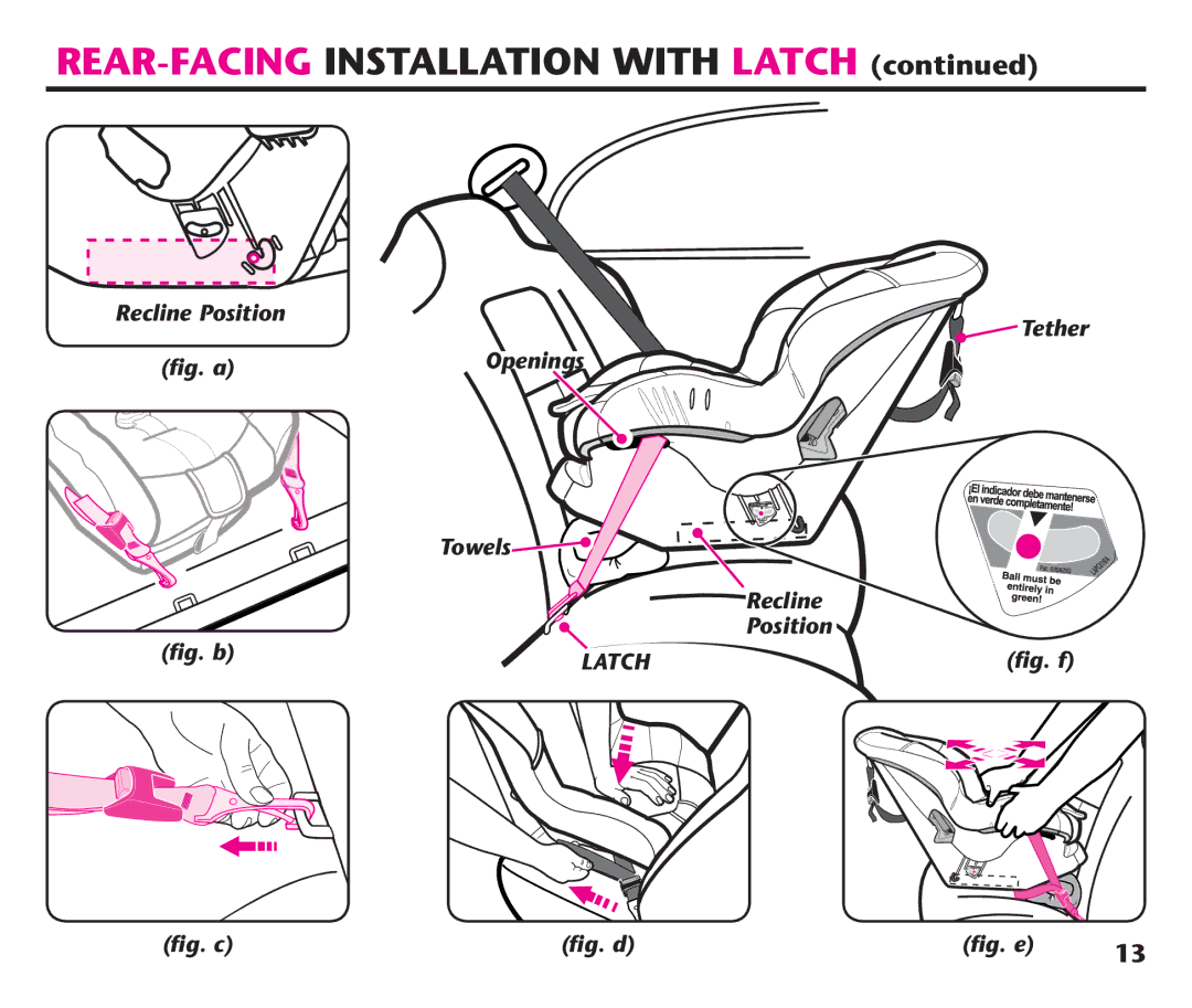 Graco PD192235A 9/11, PDL92235A manual ﬁg. a Openings Towels Recline Position ﬁg. b, ﬁg. f, ﬁg. c ﬁg. d ﬁg. e 