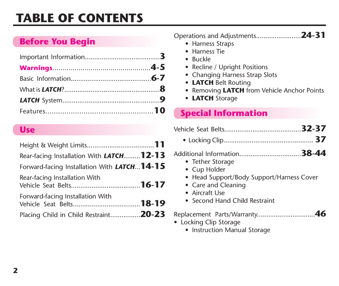 Graco PDL92235A, PD192235A 9/11 manual Table of Contents 