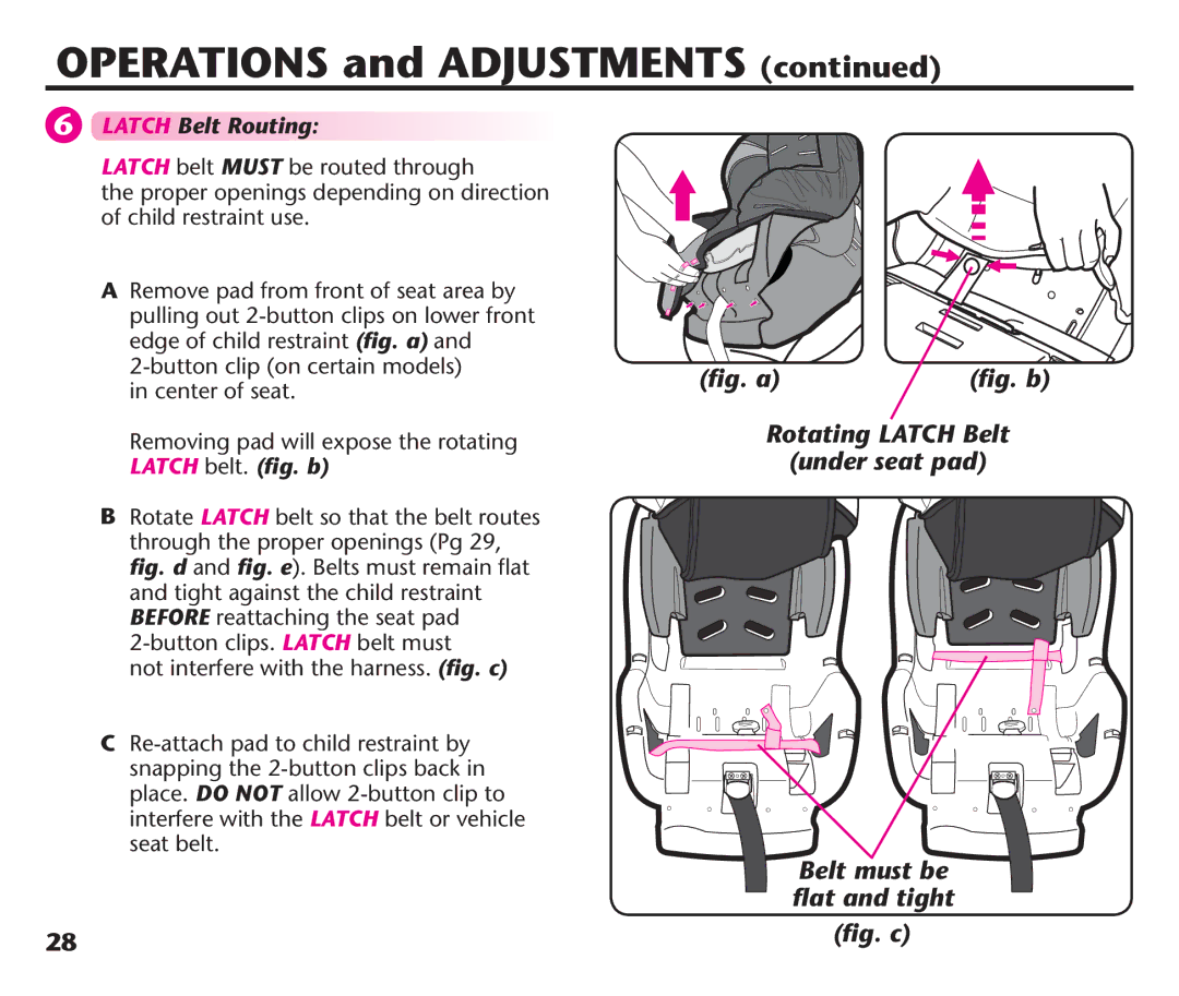 Graco PDL92235A, PD192235A 9/11 manual Latch Belt Routing, 2EMOVING PAD will Expose the Rotating Latch belt. ﬁg. b 