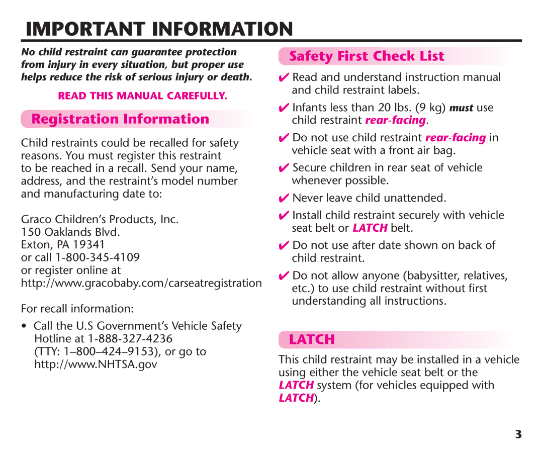 Graco PD192235A 9/11, PDL92235A manual Important Information, Registration Information, Safety First Check List 