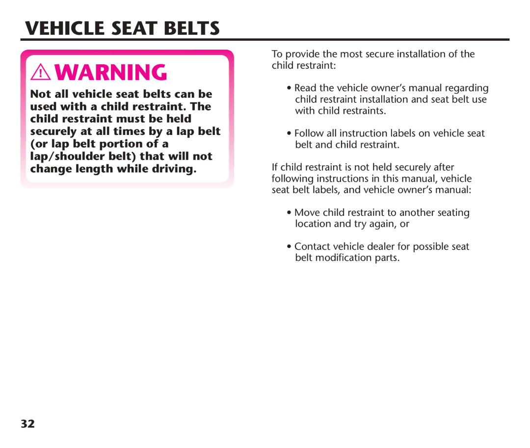 Graco PDL92235A manual Vehicle Seat Belts, If child restraint is not held securely after, Location and try again, or 