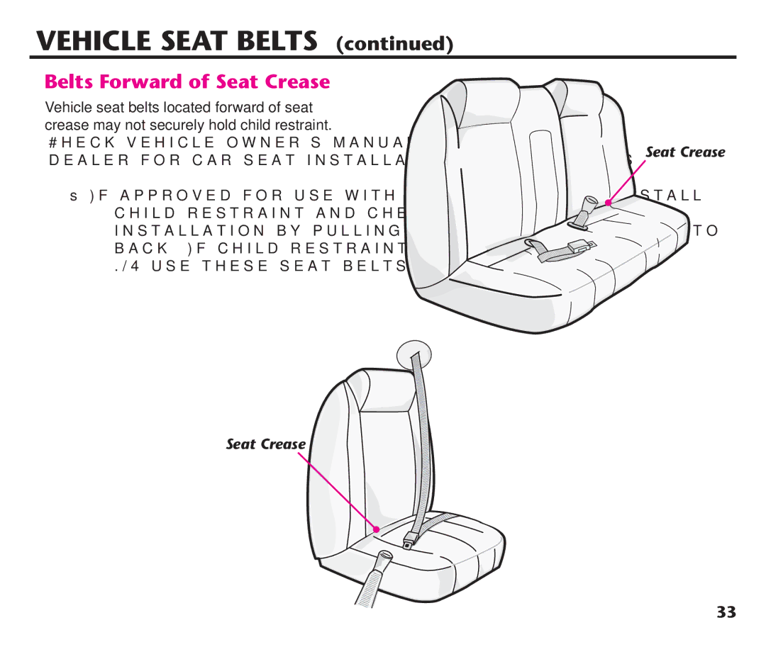 Graco PD192235A 9/11, PDL92235A manual Belts Forward of Seat Crease, #HECKEVEHICLEVOWNERSSMANUAL Oruseelvehicle 