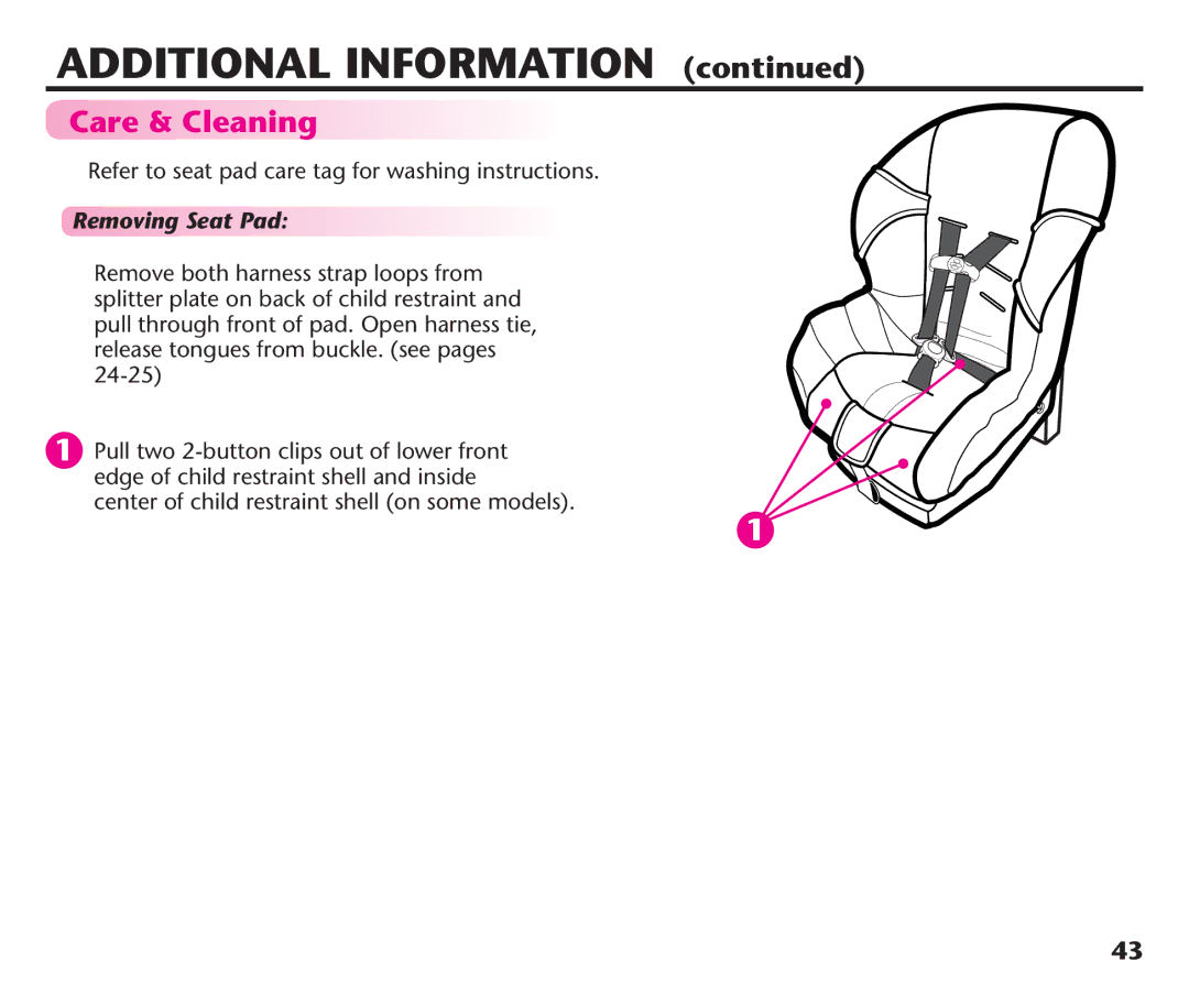 Graco PD192235A 9/11, PDL92235A Care & Cleaning, Refer to seat pad care tag for washing instructions, Removing Seat Pad 