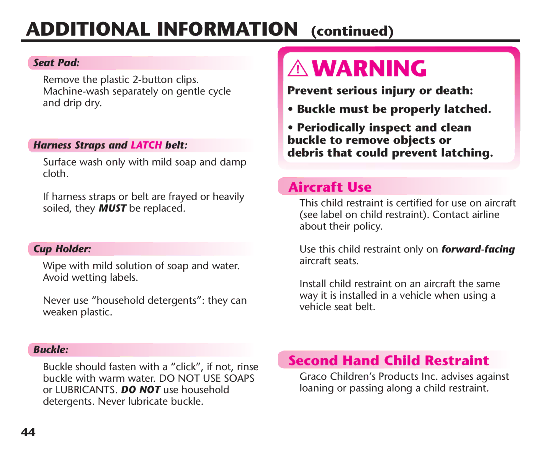 Graco PDL92235A, PD192235A 9/11 manual Aircraft Use, Second Hand Child Restraint 