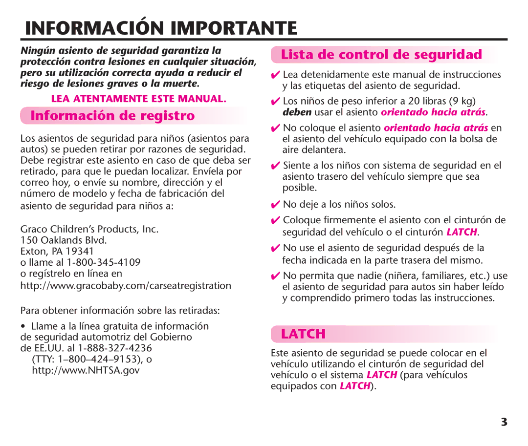 Graco PD192235A 9/11, PDL92235A manual Información Importante, Información de registro, Lista de control de seguridad 