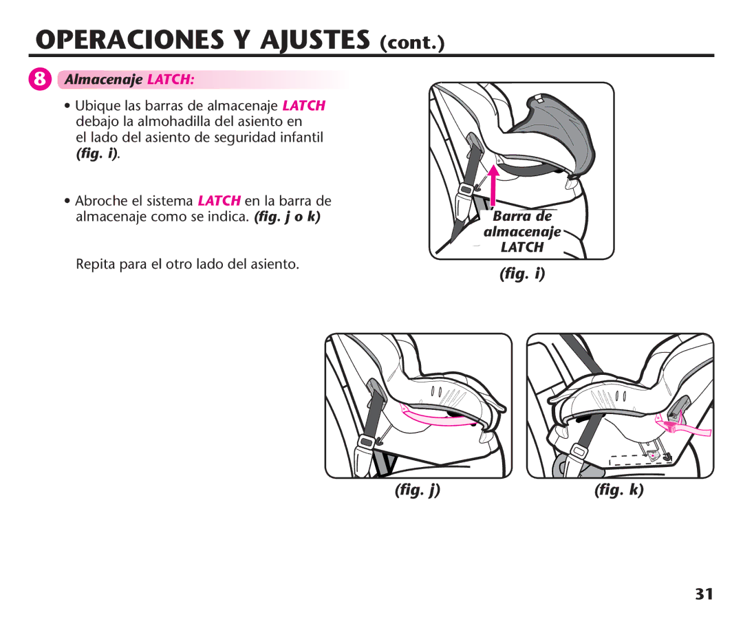 Graco PD192235A 9/11, PDL92235A manual Almacenaje Latch, El lado del asiento de seguridad infantil ﬁg, Barra de almacenaje 