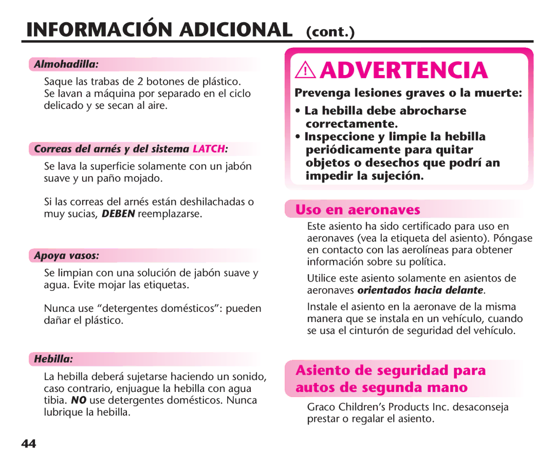 Graco PDL92235A, PD192235A 9/11 manual Uso en aeronaves, Asiento de seguridad para autos de segunda mano 