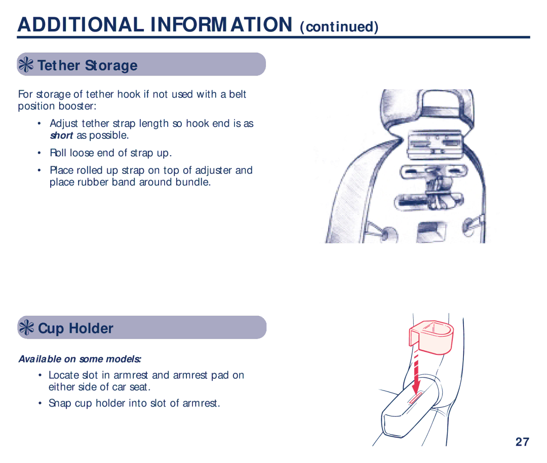 Graco PM-1373AD manual Additional Information, Tether Storage, Cup Holder, Available on some models 