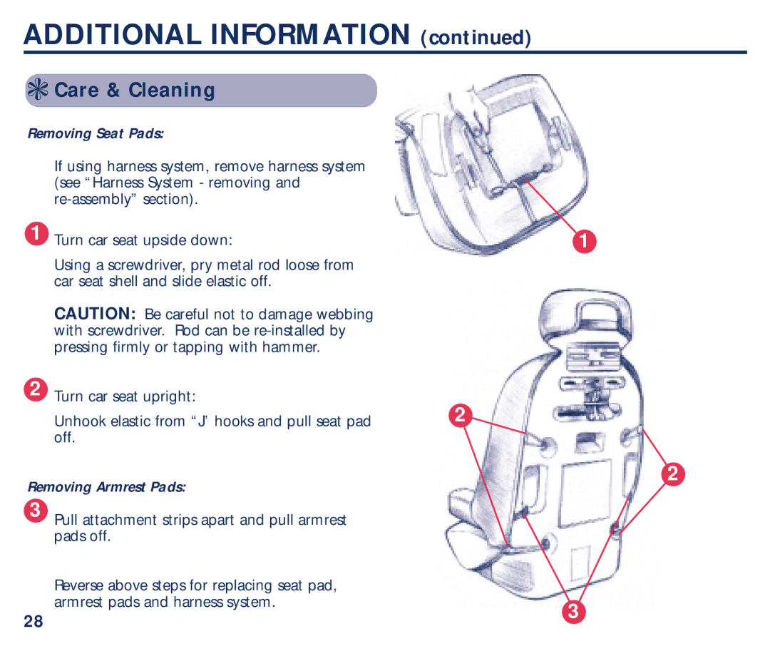 Graco PM-1373AD manual Care & Cleaning, Removing Seat Pads, Removing Armrest Pads 