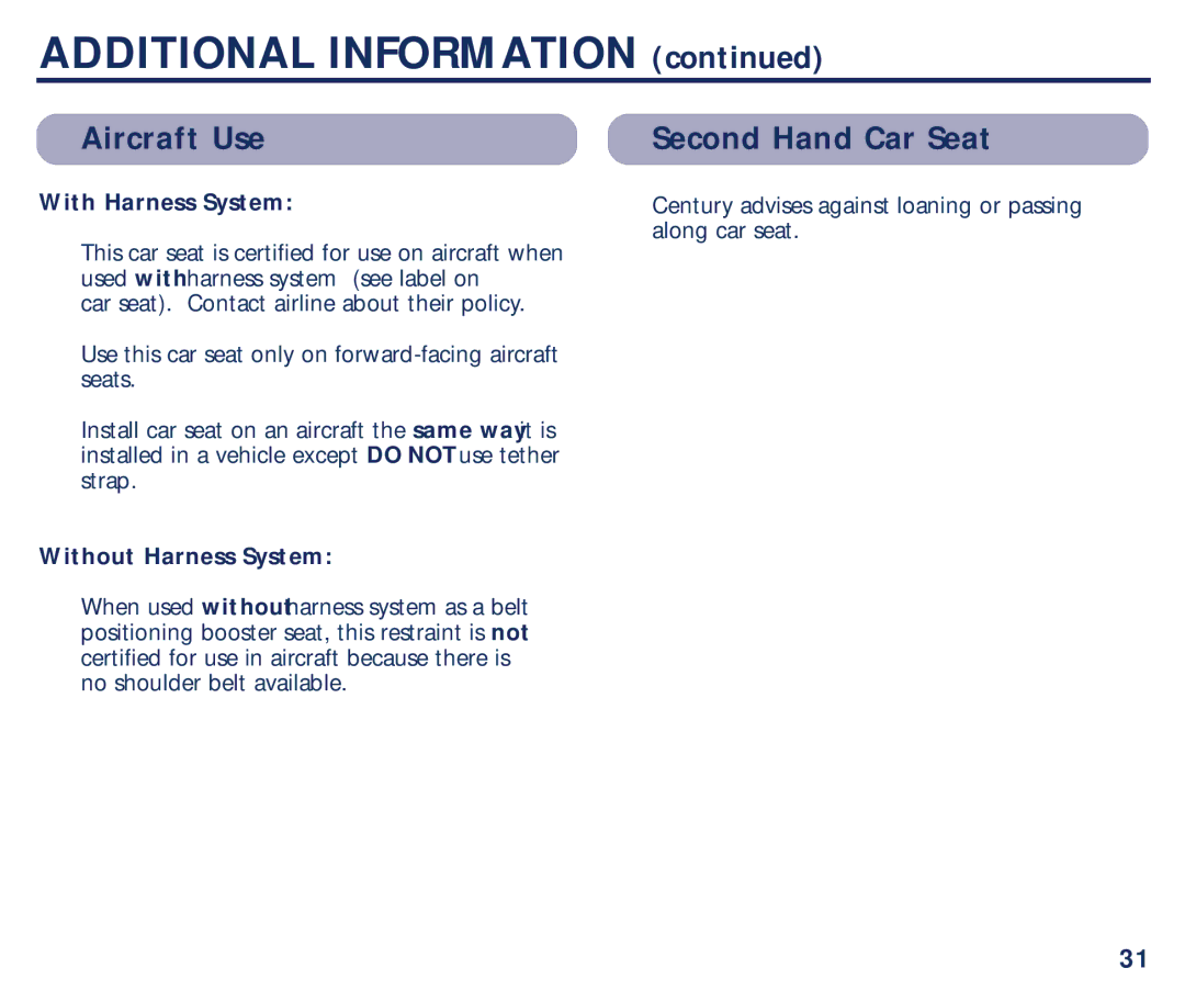 Graco PM-1373AD manual Aircraft Use, Second Hand Car Seat 