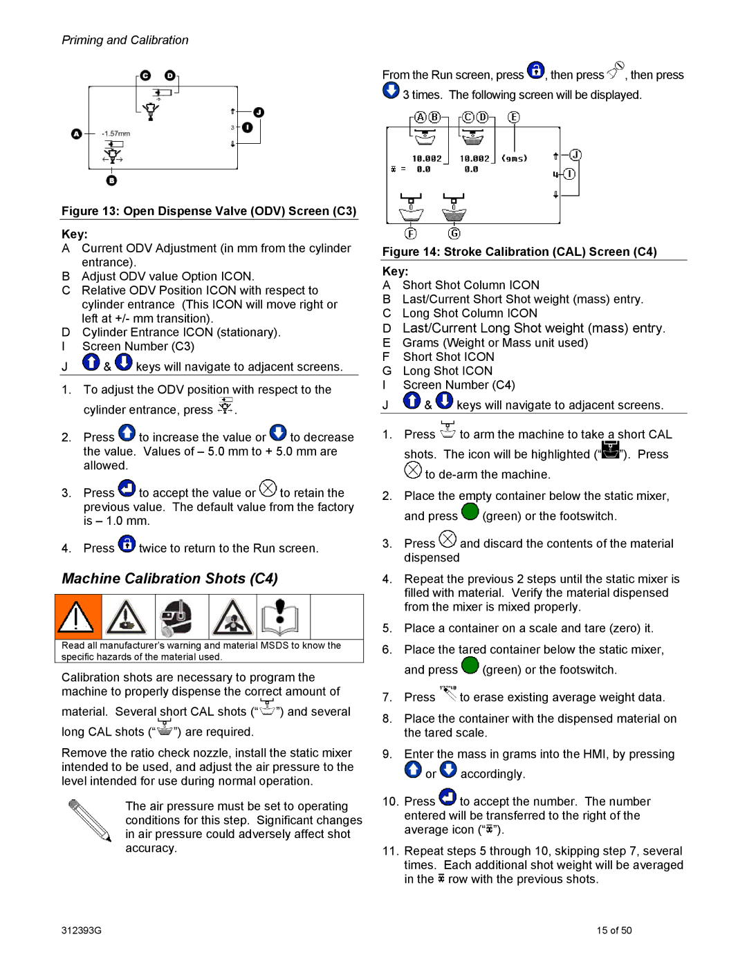 Graco PR70 important safety instructions Machine Calibration Shots C4, Open Dispense Valve ODV Screen C3 Key 