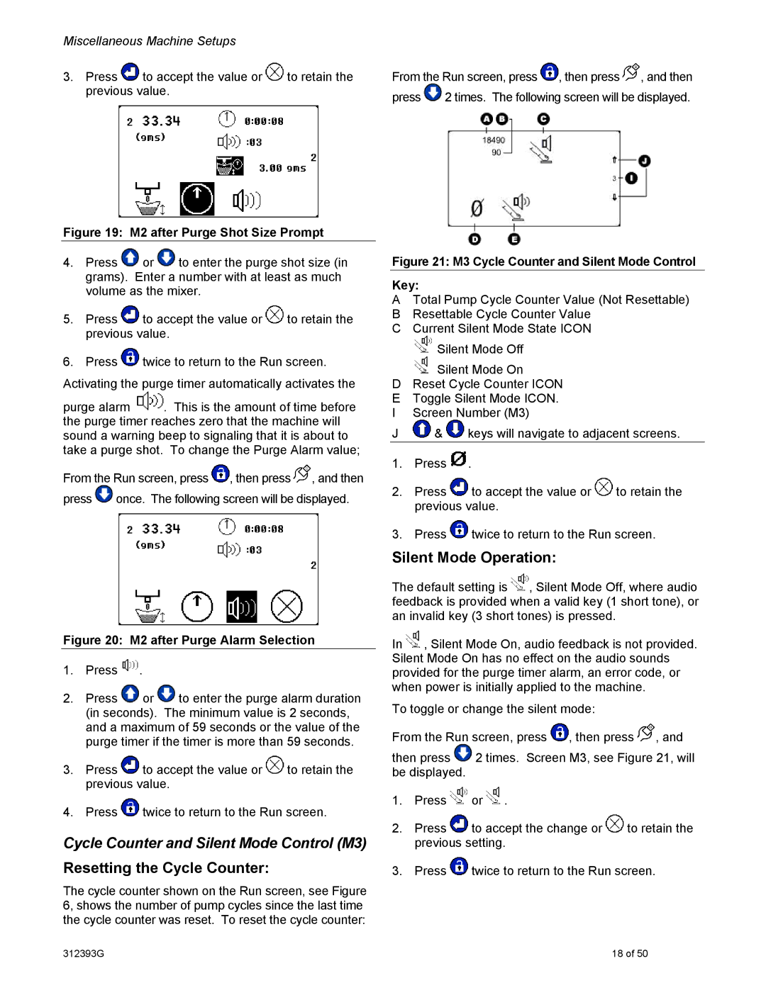 Graco PR70 important safety instructions Cycle Counter and Silent Mode Control M3, M2 after Purge Shot Size Prompt 