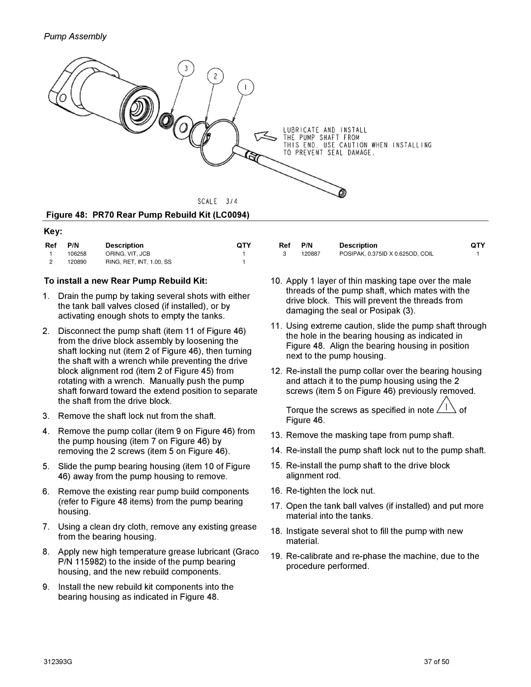 Graco important safety instructions PR70 Rear Pump Rebuild Kit LC0094 Key, To install a new Rear Pump Rebuild Kit 