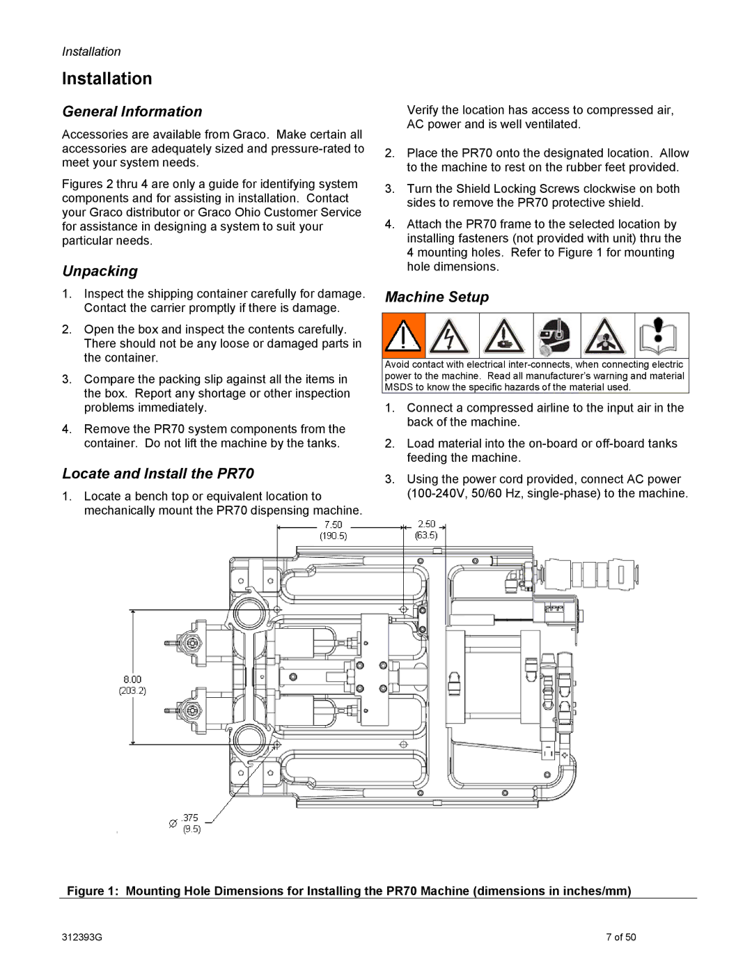 Graco Installation, General Information, Unpacking, Locate and Install the PR70, Machine Setup 