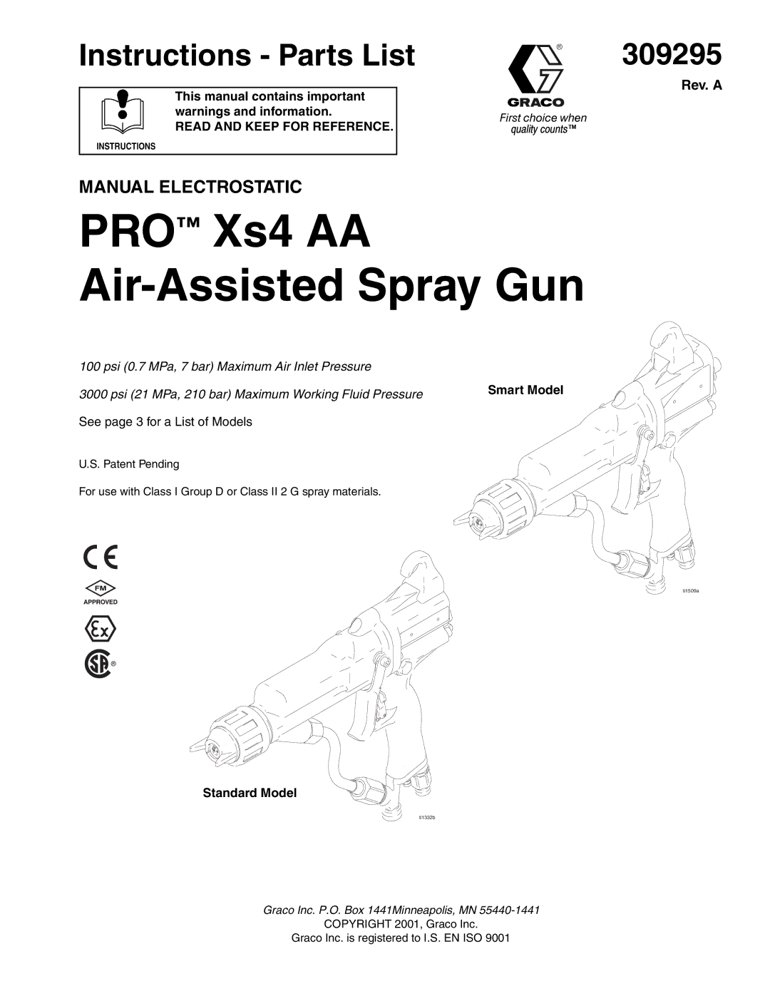 Graco PRO Xs4 AA manual Instructions Parts List 309295, This manual contains important warnings and information 