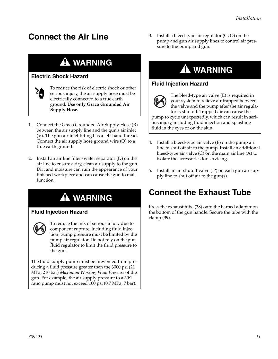 Graco PRO Xs4 AA manual Connect the Air Line, Connect the Exhaust Tube, Electric Shock Hazard 