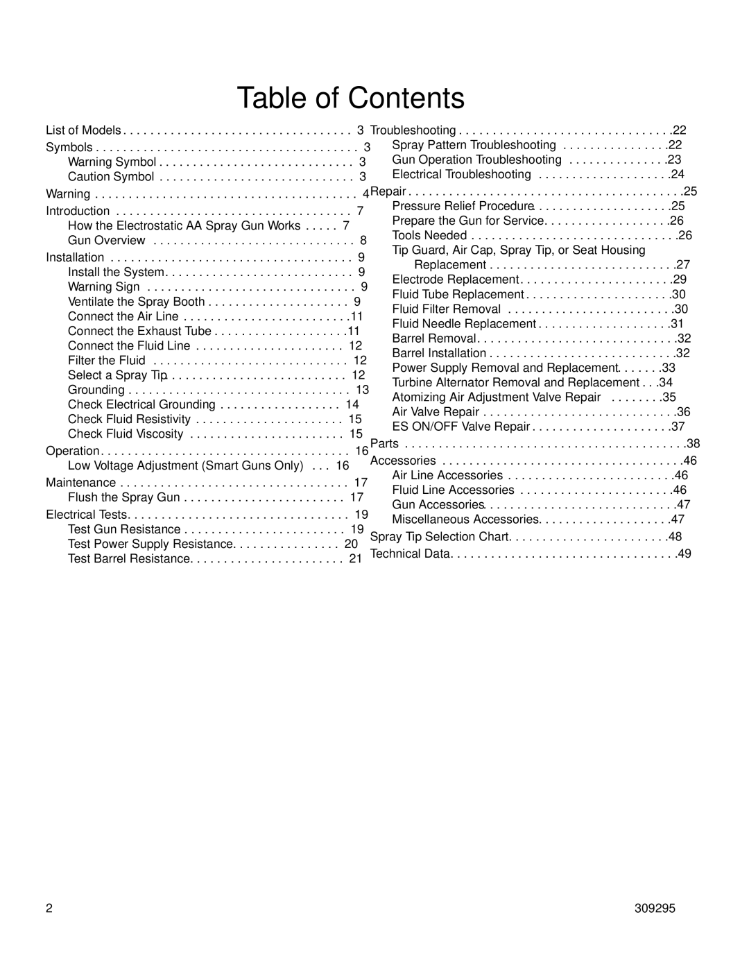 Graco PRO Xs4 AA manual Table of Contents 