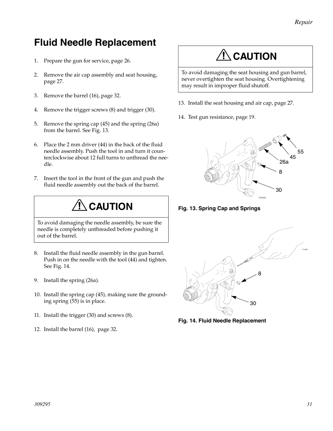 Graco PRO Xs4 AA manual Fluid Needle Replacement, Spring Cap and Springs 