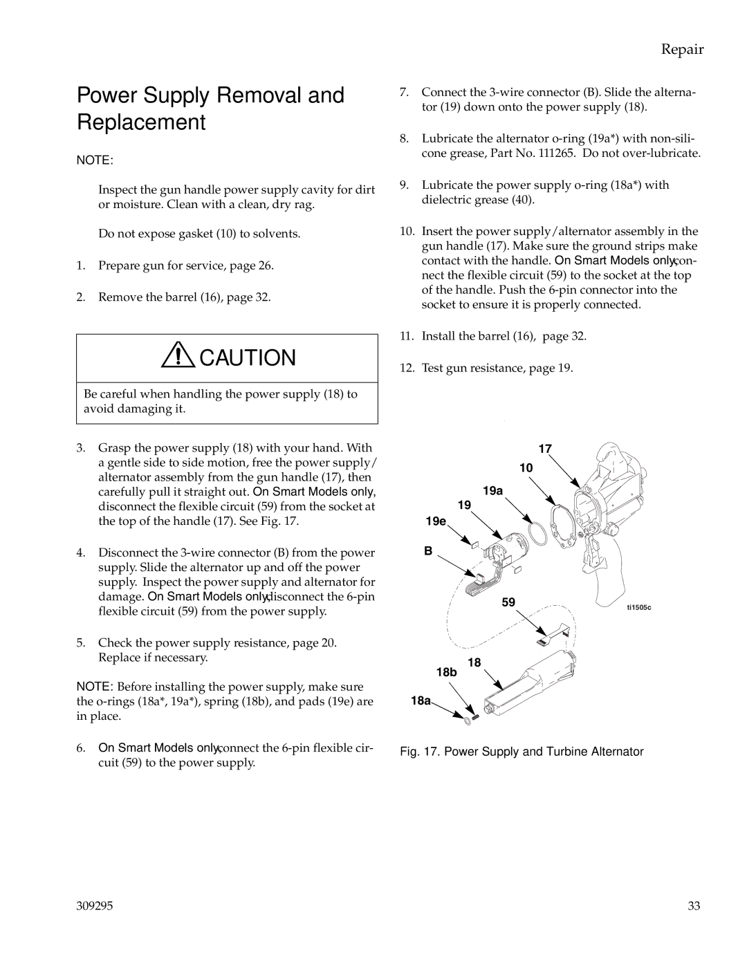 Graco PRO Xs4 AA manual Power Supply Removal and Replacement, Power Supply and Turbine Alternator 