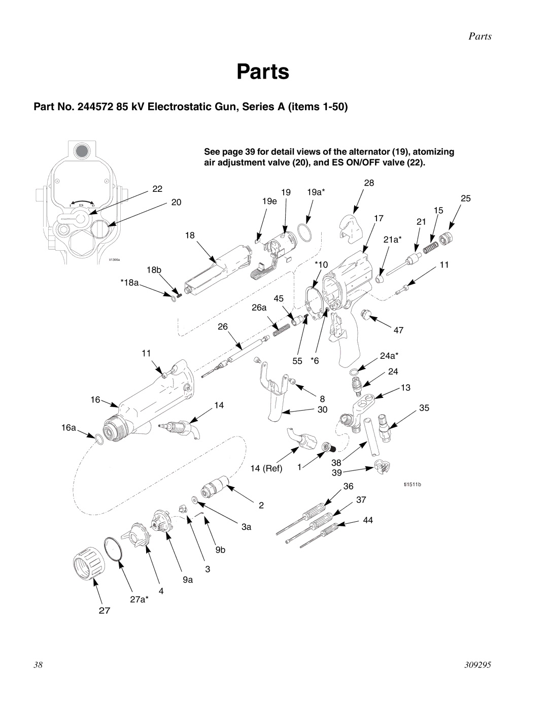 Graco PRO Xs4 AA manual Parts, Part No 85 kV Electrostatic Gun, Series a items 