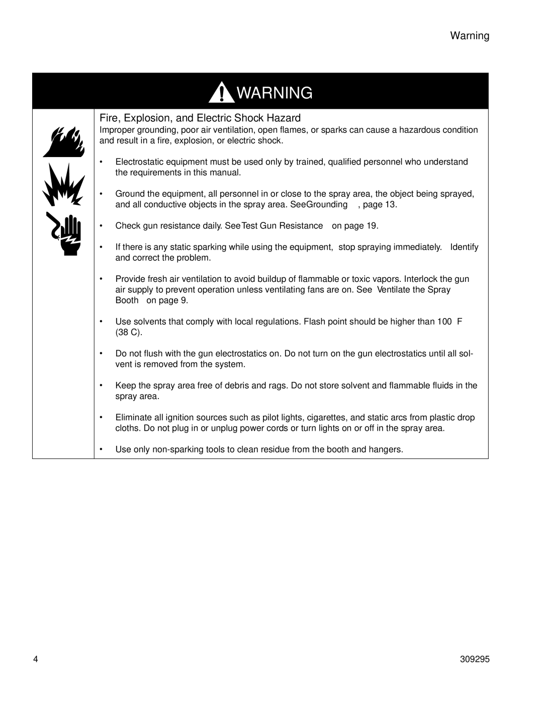 Graco PRO Xs4 AA manual Fire, Explosion, and Electric Shock Hazard 