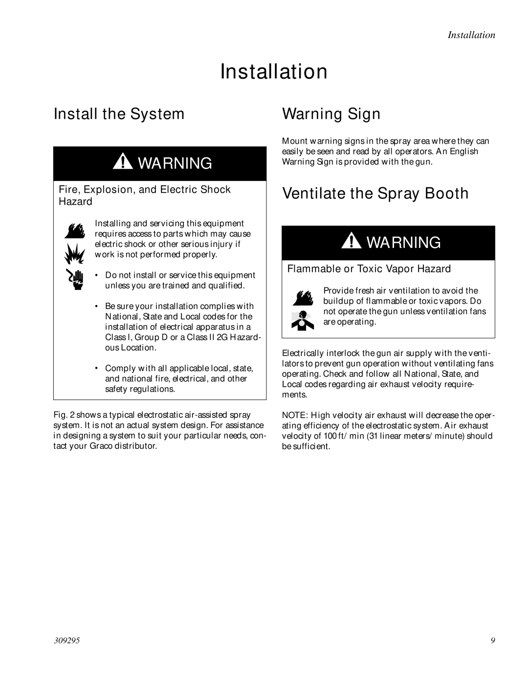 Graco PRO Xs4 AA manual Installation, Install the System, Ventilate the Spray Booth, Flammable or Toxic Vapor Hazard 