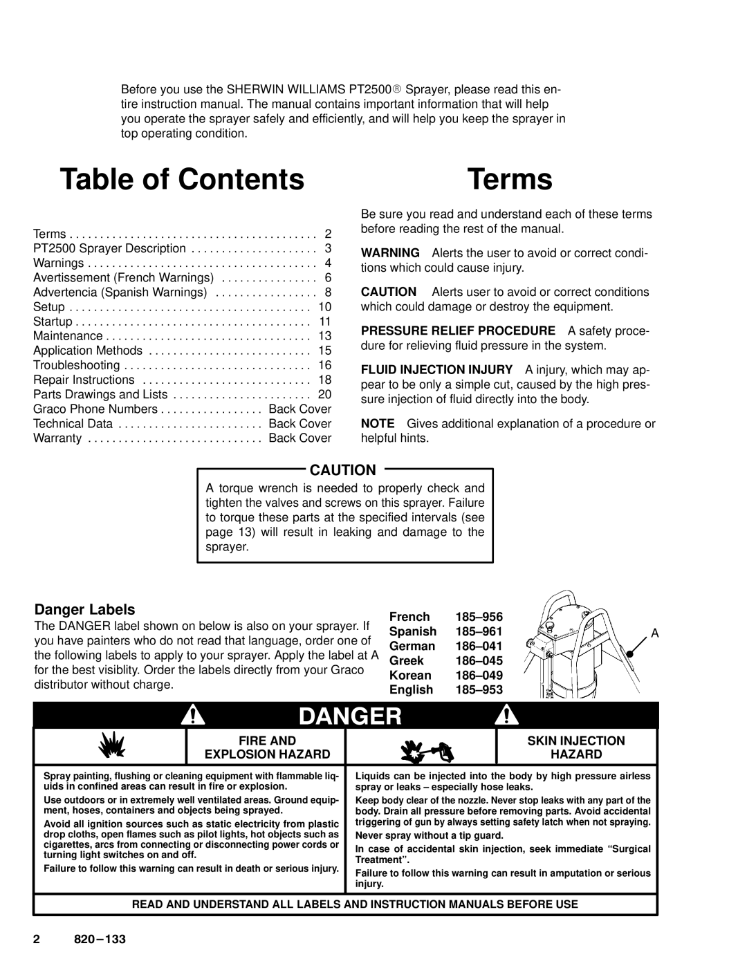 Graco PT2500 owner manual Table of Contents, Terms 