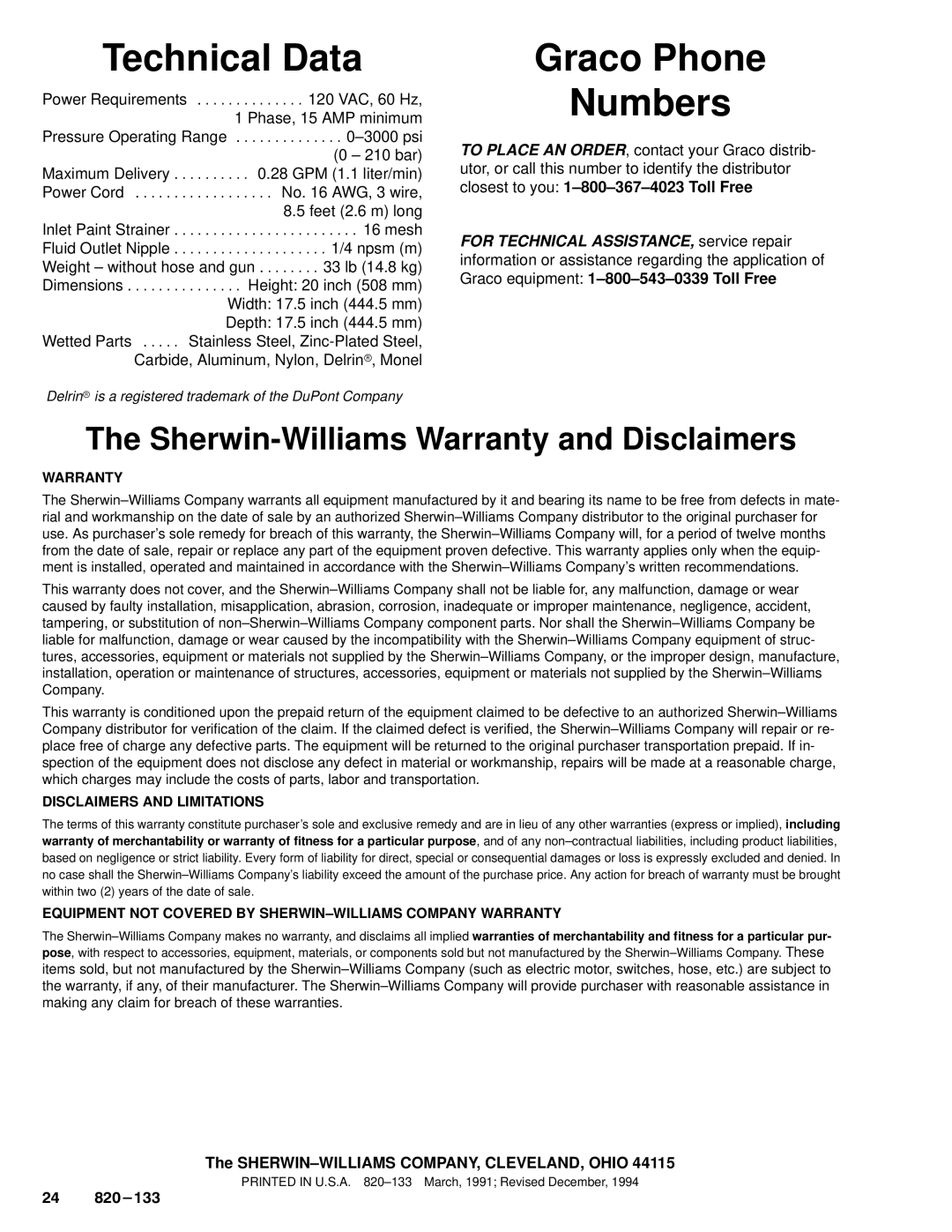 Graco PT2500 owner manual Technical Data, Graco Phone Numbers, SHERWIN±WILLIAMS COMPANY, CLEVELAND, Ohio 