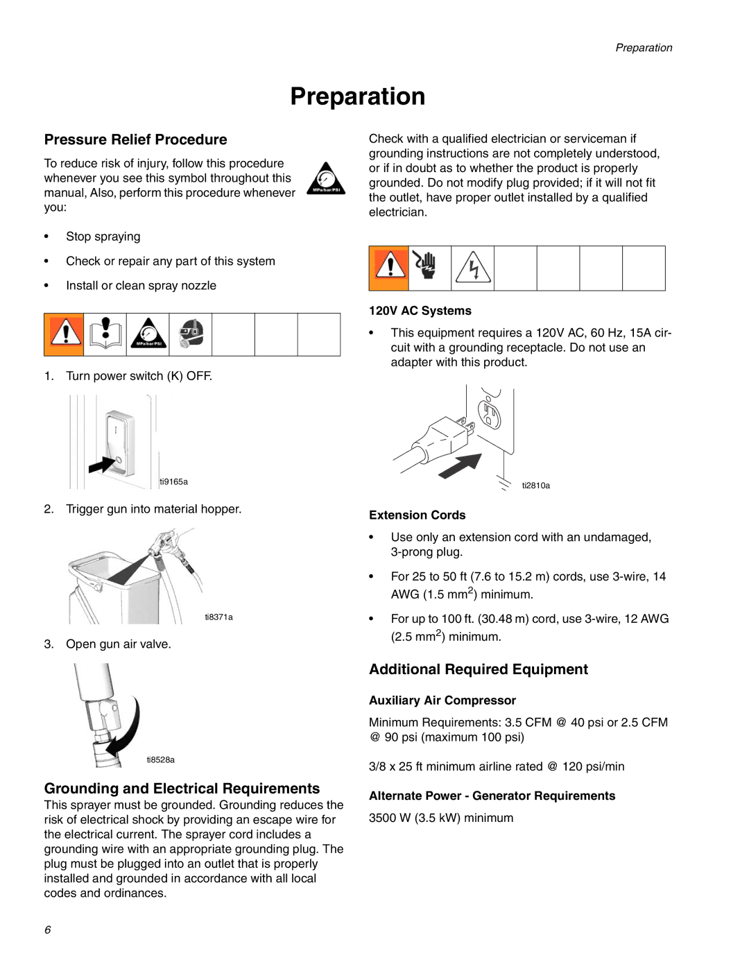 Graco RTX 650 Preparation, Pressure Relief Procedure, Grounding and Electrical Requirements, Additional Required Equipment 