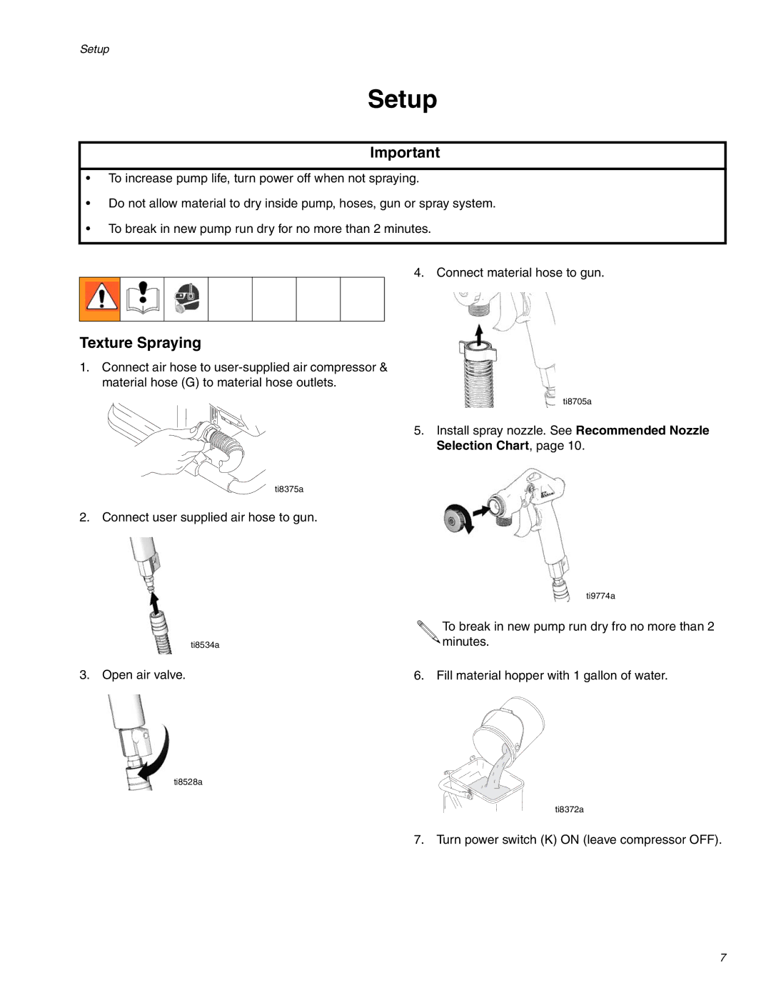 Graco RTX 650 important safety instructions Setup, Texture Spraying 