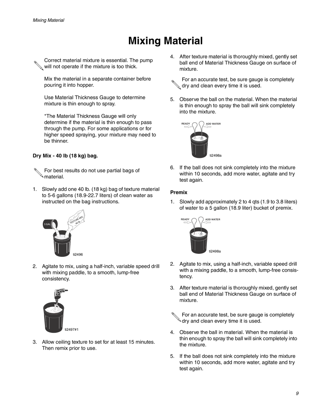 Graco RTX 650 important safety instructions Mixing Material, Dry Mix 40 lb 18 kg bag, Premix 