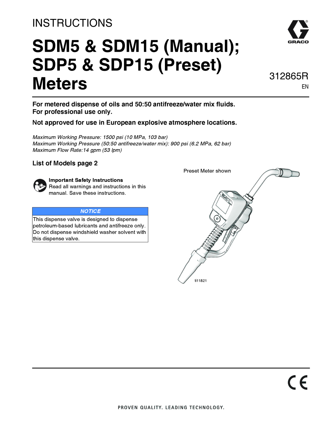 Graco SDM5, SDM15, SDP5, SDP15 important safety instructions List of Models, Important Safety Instructions 