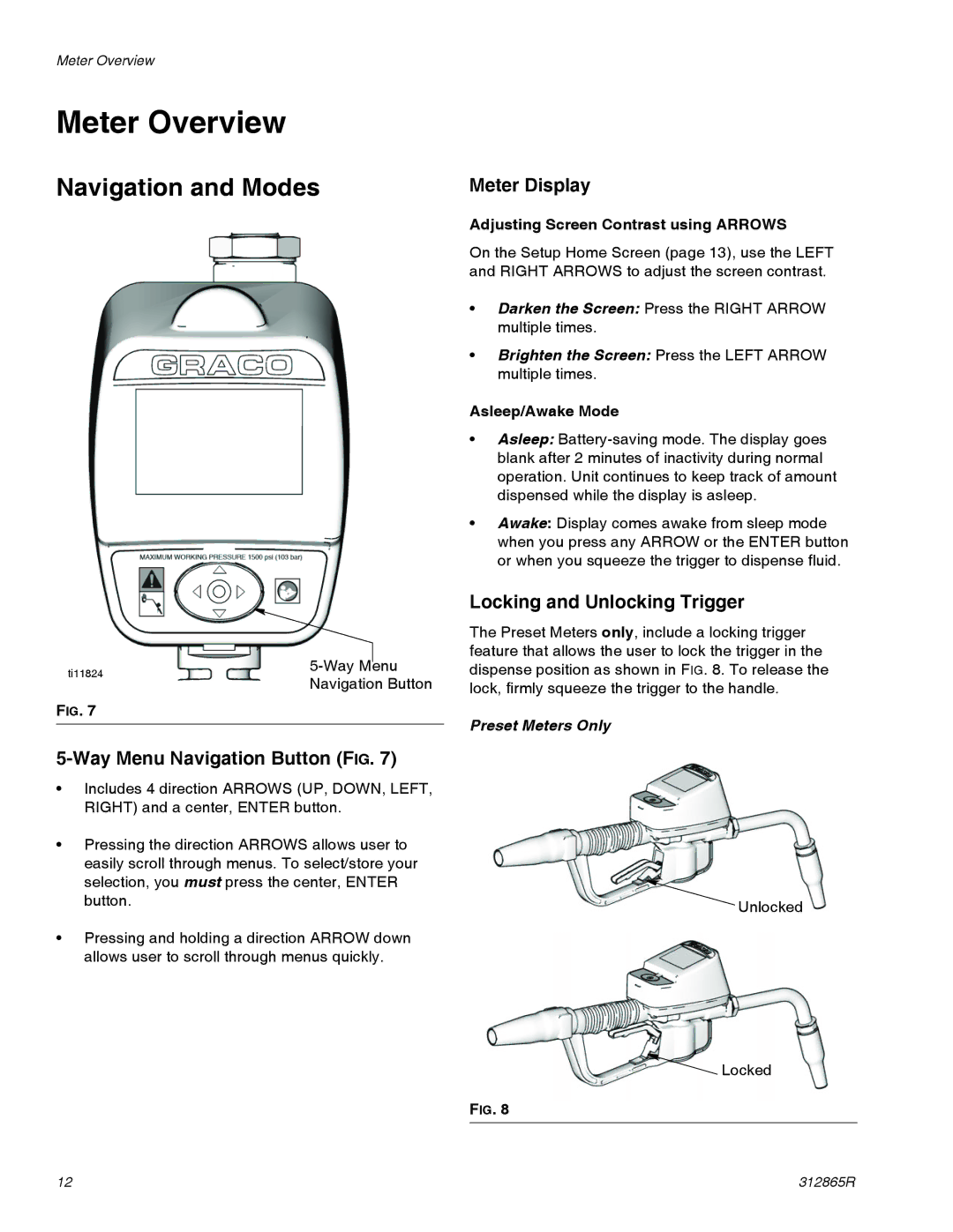 Graco SDM15, SDM5, SDP5, SDP15 Meter Overview, Navigation and Modes, Way Menu Navigation Button FIG, Meter Display 