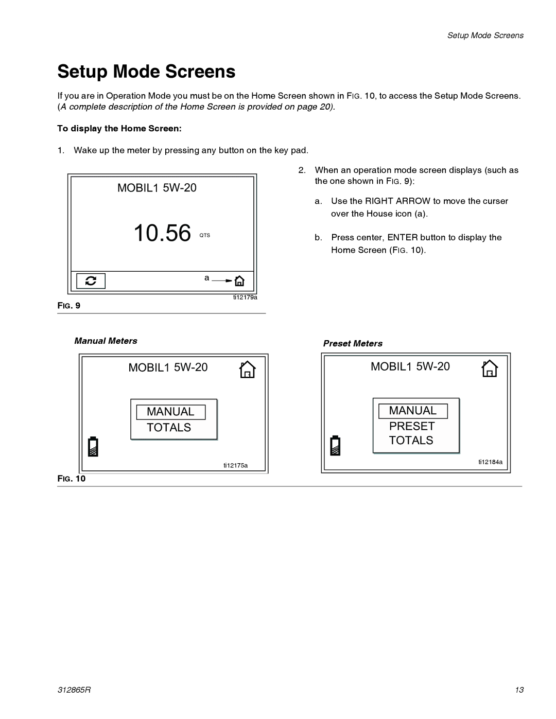 Graco SDM5, SDM15, SDP5, SDP15 Setup Mode Screens, To display the Home Screen, Manual Meters, Preset Meters 