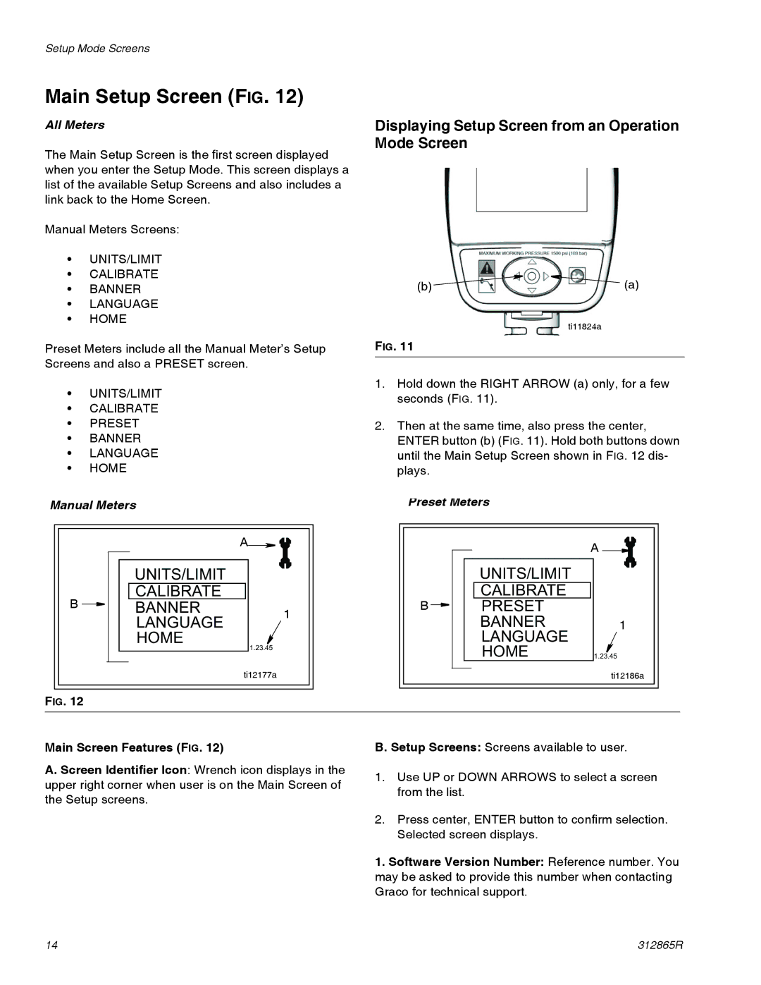 Graco SDP5, SDM15, SDM5, SDP15 Main Setup Screen FIG, Displaying Setup Screen from an Operation Mode Screen, All Meters 