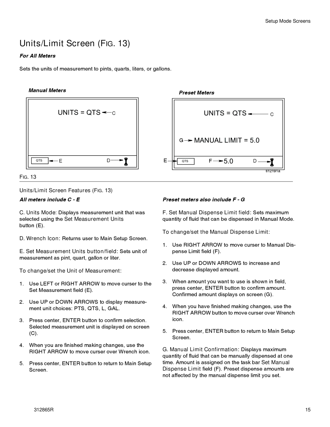 Graco SDP15, SDM15, SDM5, SDP5 Units/Limit Screen FIG, For All Meters, Manual Meters Preset Meters 