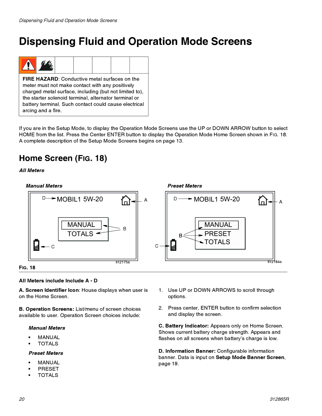 Graco SDM15, SDM5, SDP5, SDP15 Dispensing Fluid and Operation Mode Screens, Home Screen FIG, All Meters Manual Meters 