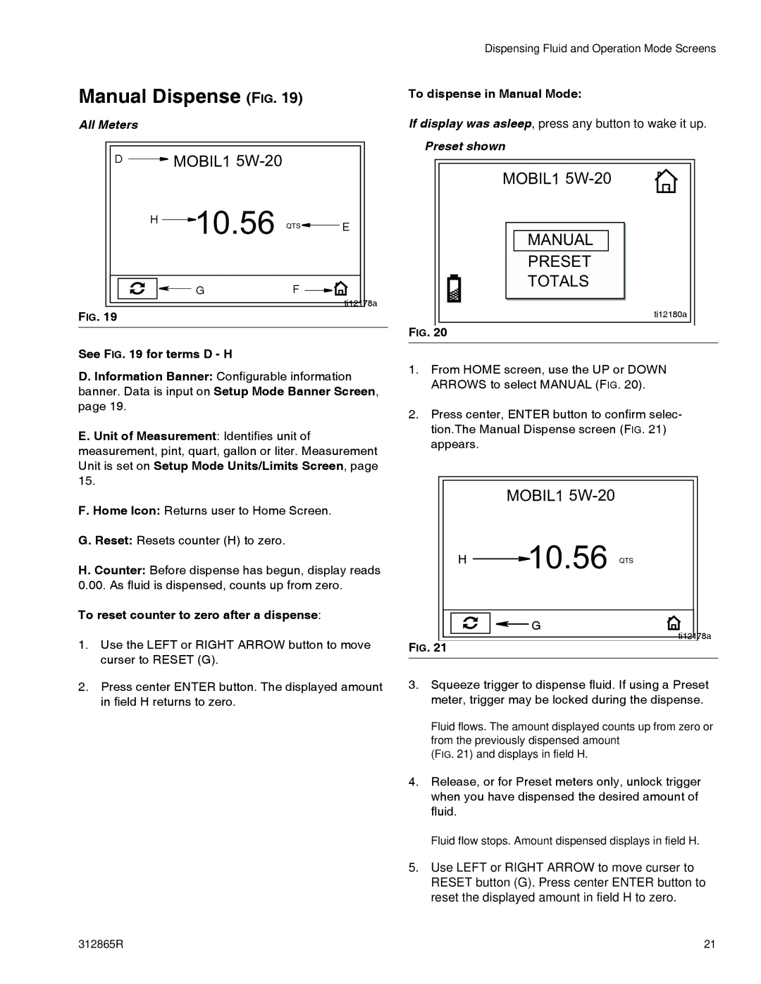 Graco SDM5 Manual Dispense FIG, See for terms D H, To reset counter to zero after a dispense, To dispense in Manual Mode 