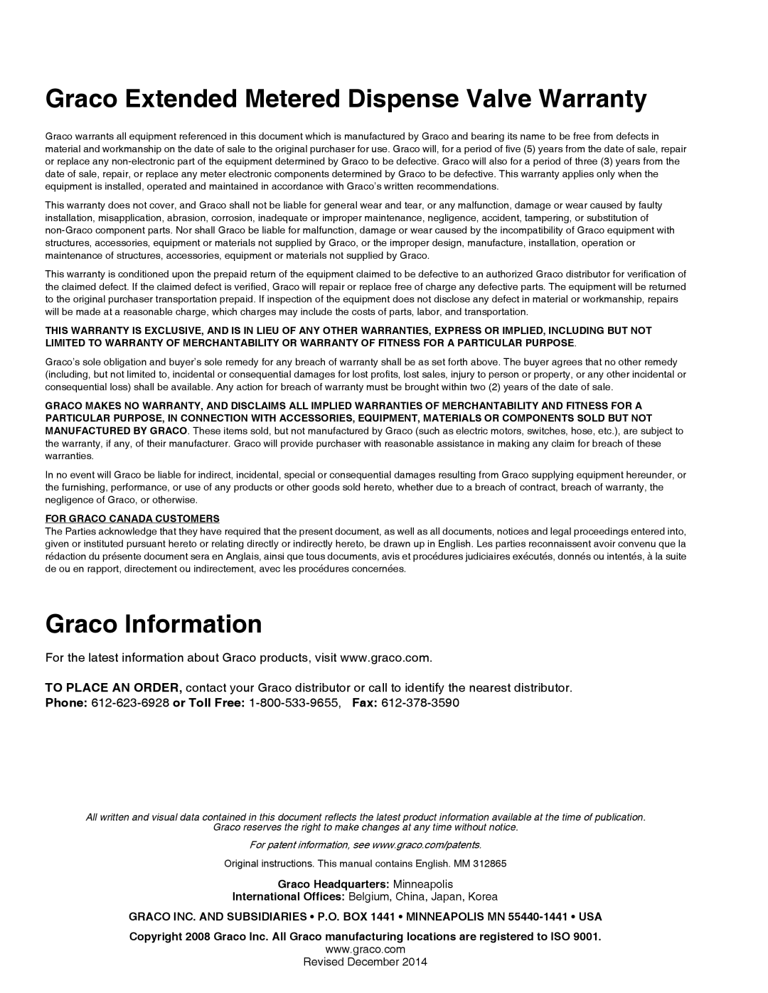 Graco SDM15, SDM5, SDP5, SDP15 important safety instructions Graco Extended Metered Dispense Valve Warranty, Graco Information 