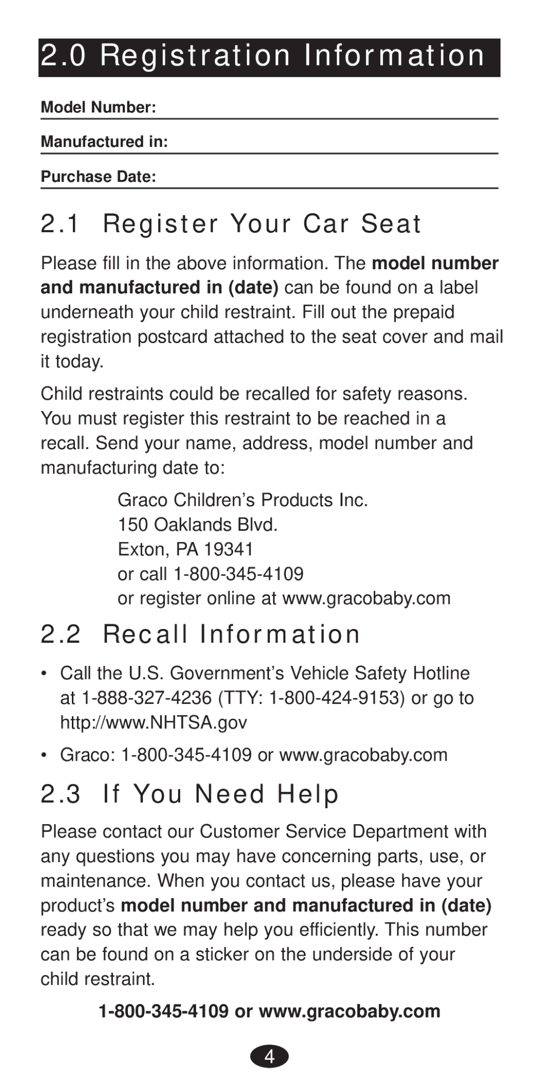 Graco Seat/Booster Seat manual Registration Information, Register Your Car Seat, Recall Information If You Need Help 