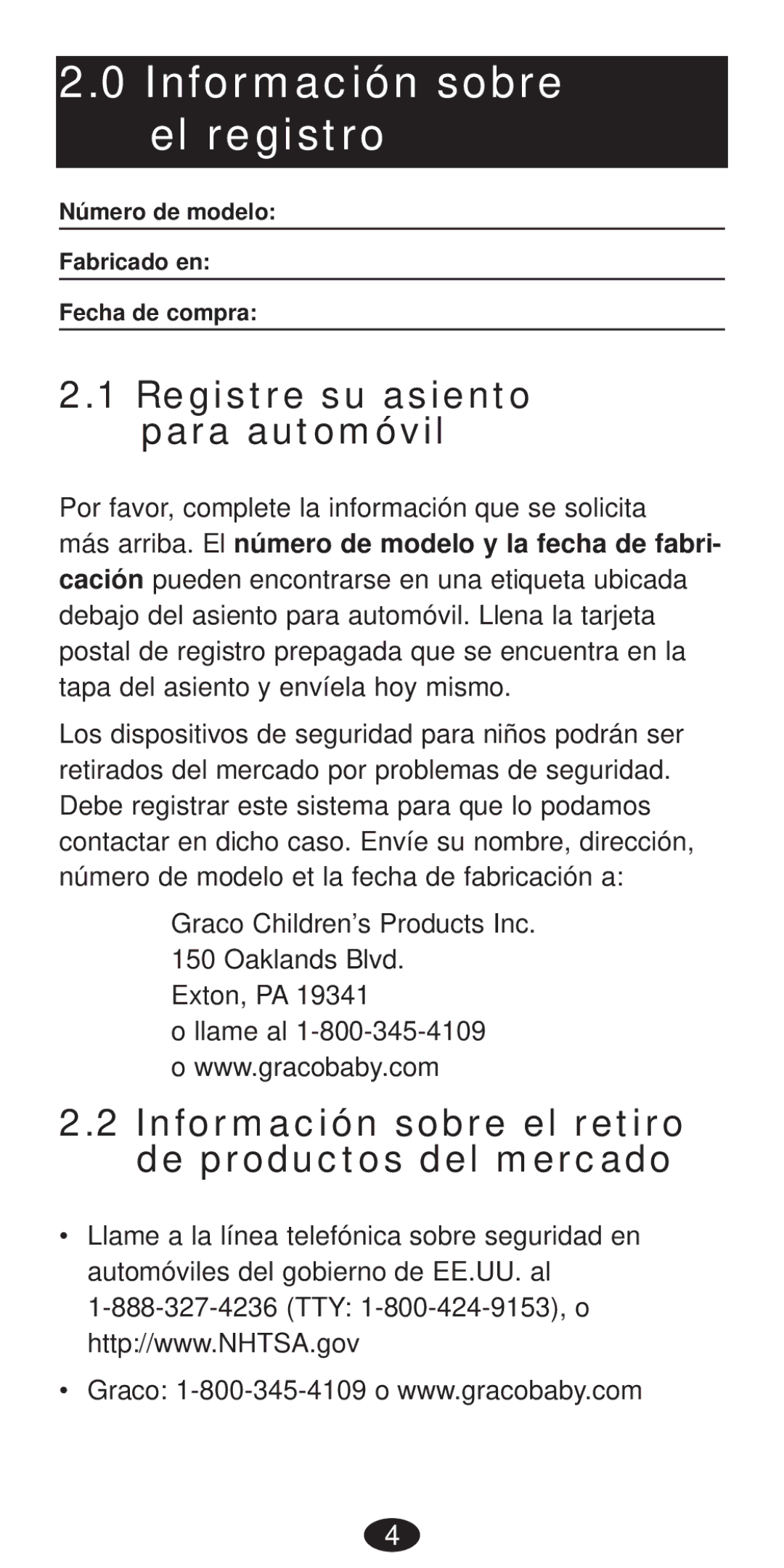 Graco Seat/Booster Seat manual Información sobre el registro, Registre su asiento para automóvil 