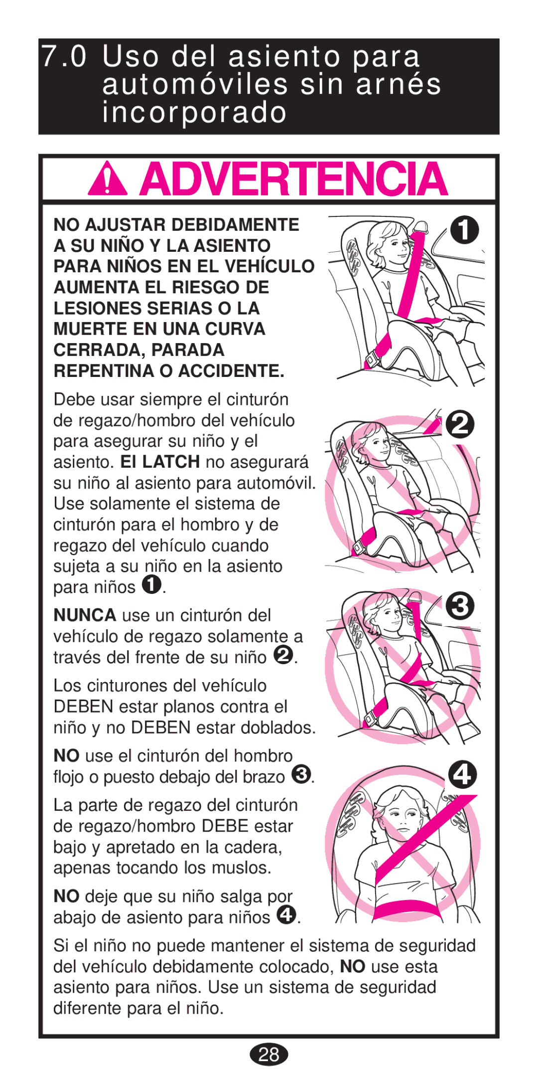 Graco Seat/Booster Seat manual Uso del asiento para automóviles sin arnés incorporado 