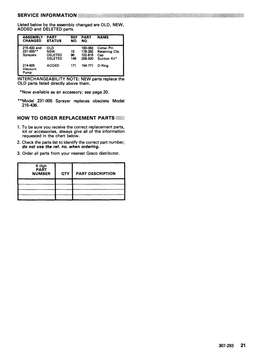 Graco Series A, 215-433 Series G, 231-005 warranty Service Information, HOW to Order Replacement Parts 