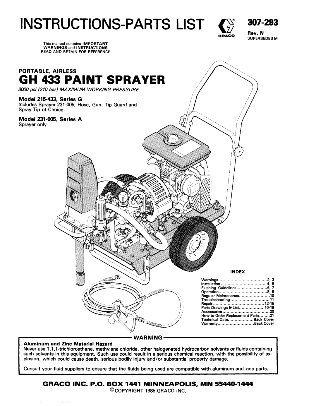 Graco 215-433 Series G warranty Portable, Airless, Model 215-433,Series G, Model 231-005,Series A, Rev. N 