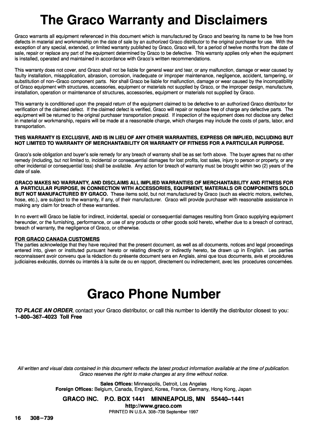 Graco Series A, 239-327 manual The Graco Warranty and Disclaimers, Graco Phone Number, 1±800±367±4023 Toll Free 