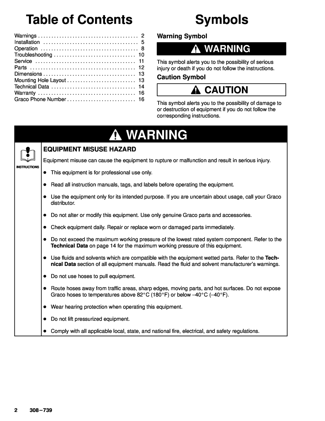 Graco Series A, 239-327 manual Table of Contents, Symbols, Warning Symbol, Caution Symbol, Equipment Misuse Hazard 