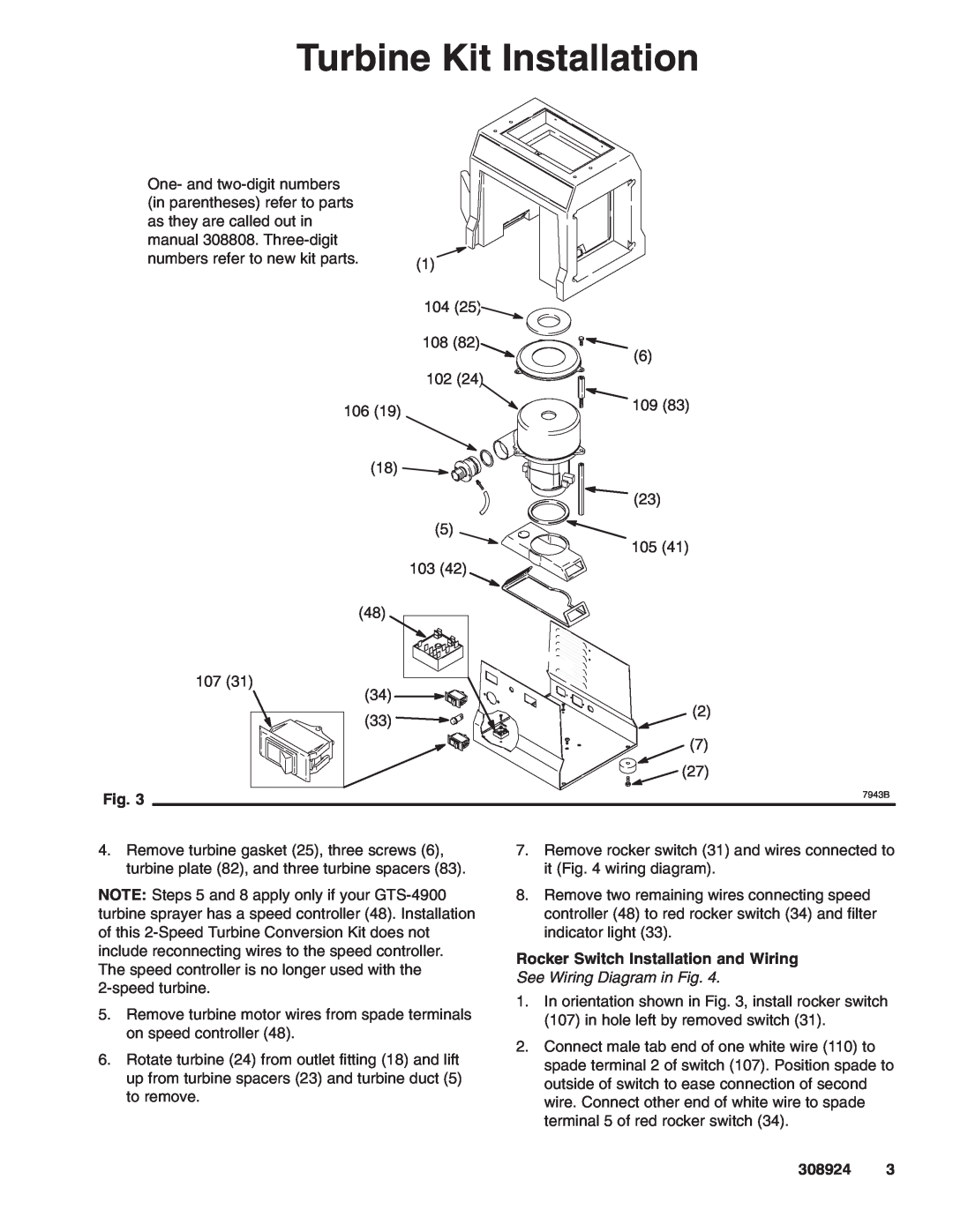 Graco 241123, Series A manual Turbine Kit Installation, Rocker Switch Installation and Wiring, See Wiring Diagram in Fig 